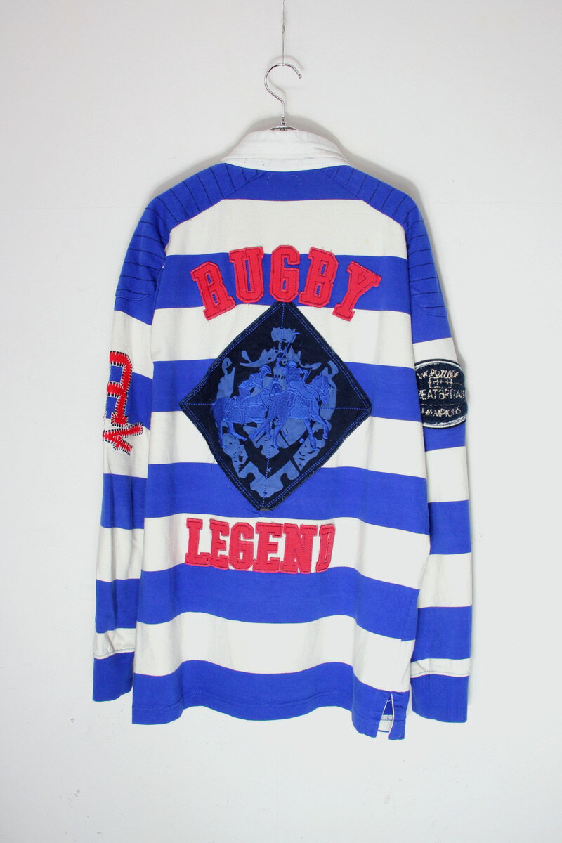 【中古】POLO RALPH LAUREN (ポロ ラルフ ローレン) L/S RUGBY LEGEND BACK EMBROIDERY BORDER RUGGER SHIRT 長袖 ラグビー レジェンド バック 刺繍 ボーダー ラガー シャツ WHITE/BLUE [SIZE: XL USED]