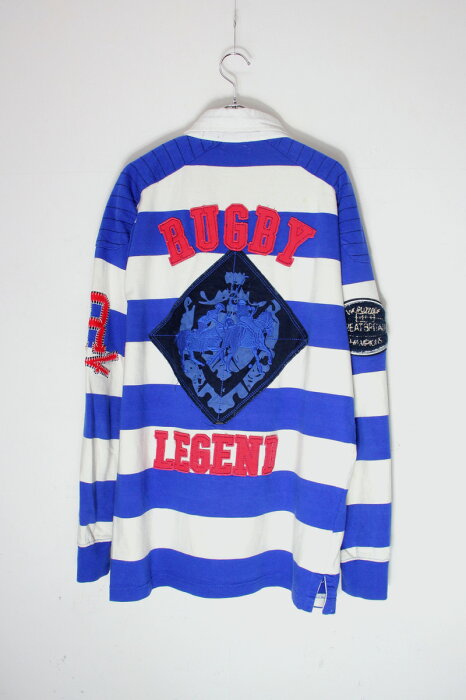 【中古】POLO RALPH LAUREN (ポロ ラルフ ローレン) L/S RUGBY LEGEND BACK EMBROIDERY BORDER RUGGER SHIRT 長袖 ラグビー レジェンド バック 刺繍 ボーダー ラガー シャツ WHITE/BLUE [SIZE: XL USED]