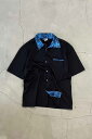 yÁzIZITU (CWc) MADE IN USA 90'S S/S LEOPARD VELOR COLLAR BOWLING SHIRT USA 90N  Ip[h xA J[ {[O Vc BLACK / BLUE [SIZE: L USED]