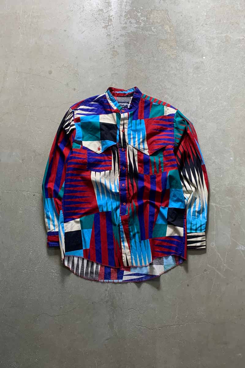 【中古】WRANGLER (ラングラー) MADE IN USA 80'S L/S NO COLLAR DESIGN COTTON SHIRT USA製 80年代 長袖 ノー カラー デザイン コットン シャツ MULTI [SIZE: XL USED]