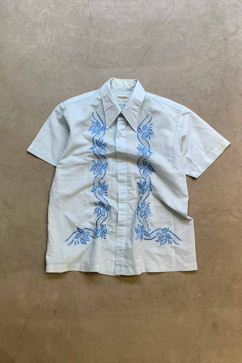 AVERDEEN (アバディーン) 70'S S/S EMBROIDERY DESIGN SHIRT 70年代 半袖 刺繍 デザイン シャツ SAX BLUE 