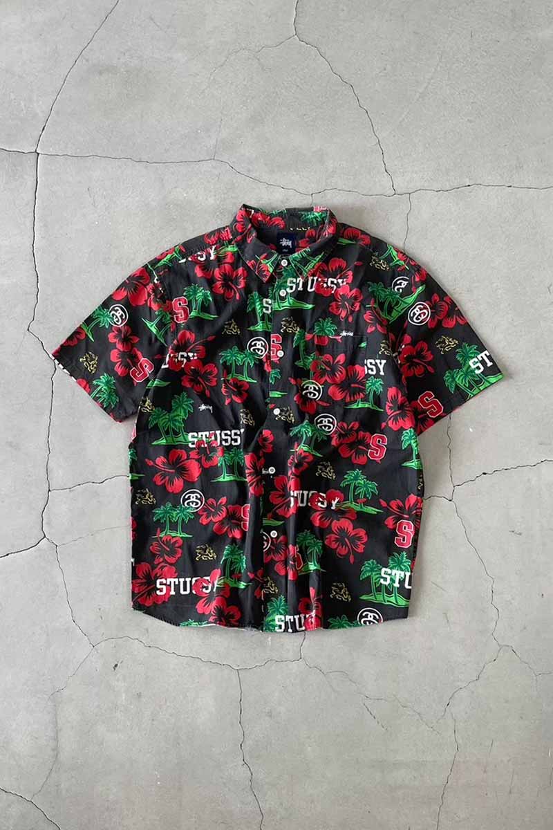 STUSSY (ステューシー) S/S COTTON HAWAIIAN SHIRT 半袖 コットン ハワイアン シャツ BLACK 