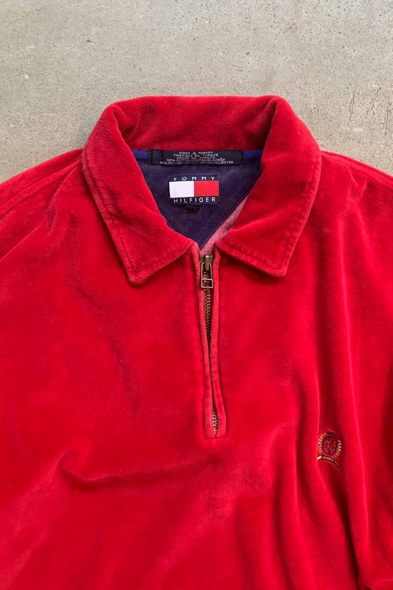 【中古】TOMMY HILFIGER (トミーヒルフィガー) 90'S L/S HALF ZIP VELOR SHIRT 90年代 長袖 ハーフジップ ベロア シャツ RED [SIZE: L USED]