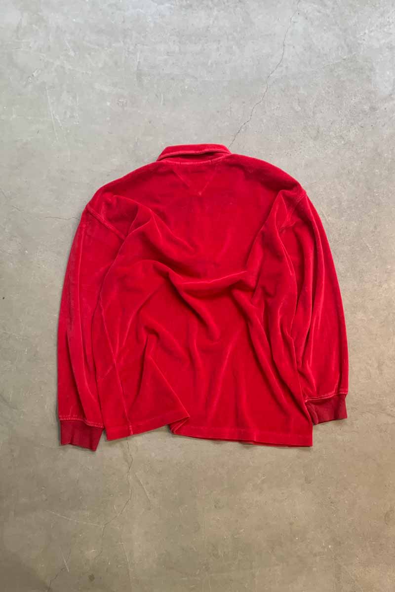 【中古】TOMMY HILFIGER (トミーヒルフィガー) 90'S L/S HALF ZIP VELOR SHIRT 90年代 長袖 ハーフジップ ベロア シャツ RED [SIZE: L USED]