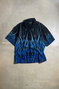 yÁzNO BOUNDARIES (m[oE_[Y) S/S OPEN COLLAR FLAME DESIGN POLY SHIRT  I[vJ[ tC fUC | Vc BLACK / BLUE [SIZE: L USED]