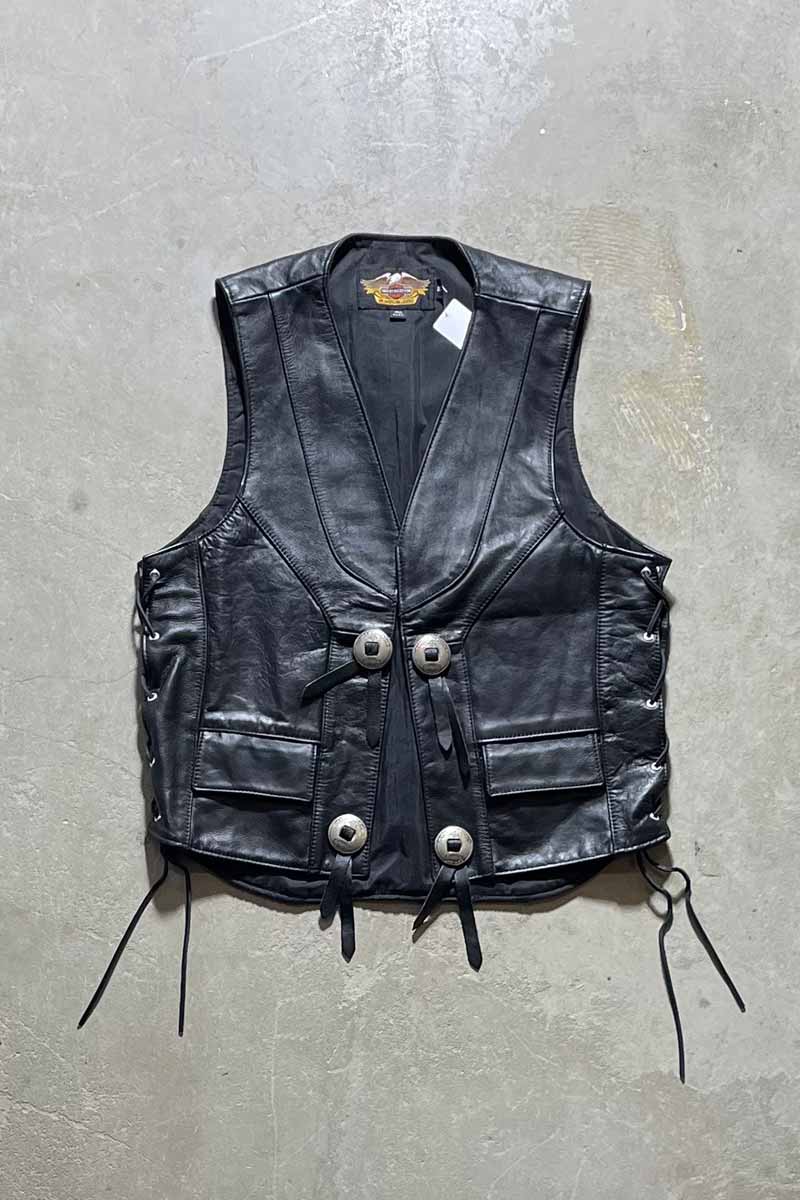 【中古】HARLEY DAVIDSON (ハーレー ダヴィッドソン) MADE IN USA 90 039 S LEATHER VEST USA製 90年代 レザー ベスト BLACK SIZE: S USED