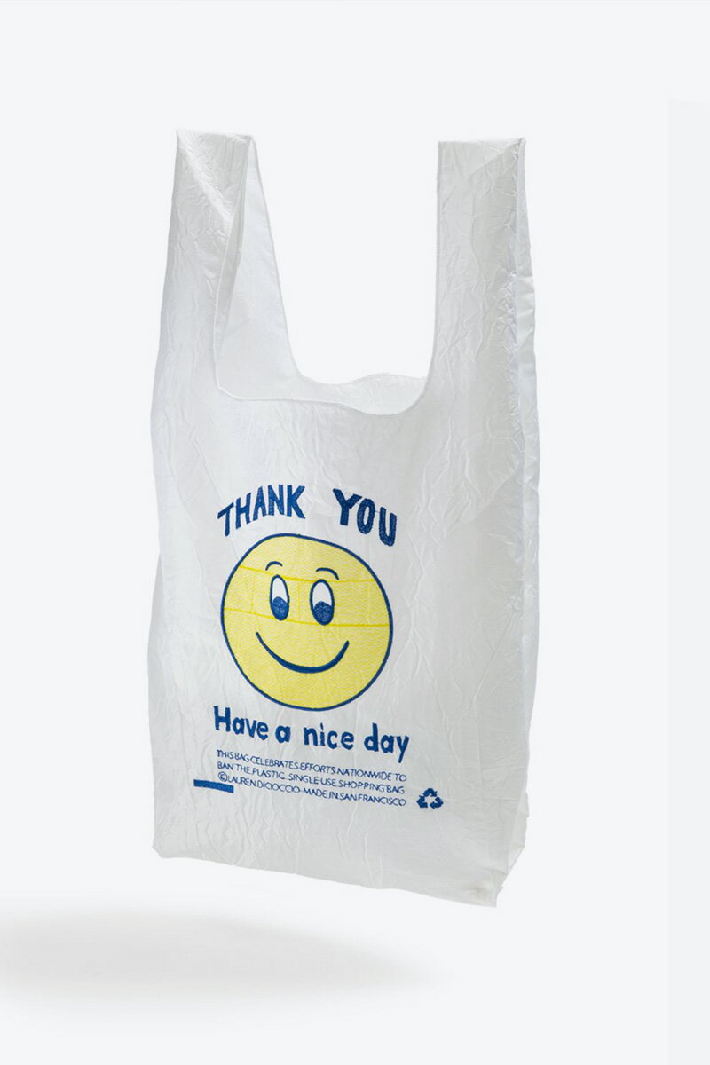 OPEN EDITIONS (オープン・エディションズ) THANK YOU SMILE TOTE / ナイロンエコバッグ BLUE AND YELLOW THREAD ON WHITE TAFFETA [NEW］