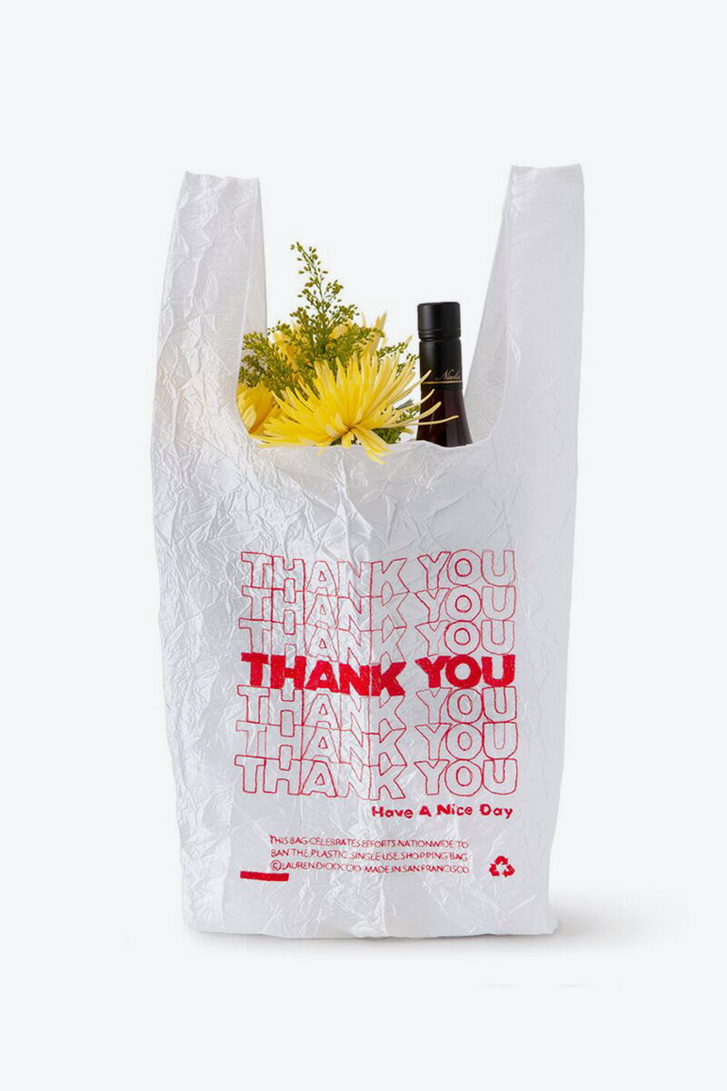 【ユニセックス 新品】 OPEN EDITIONS (オープン・エディションズ) THANK YOU THANK YOU TOTE ナイロンエコバッグ / RED THREAD ON WHITE TAFFETA [NEW］のサムネイル