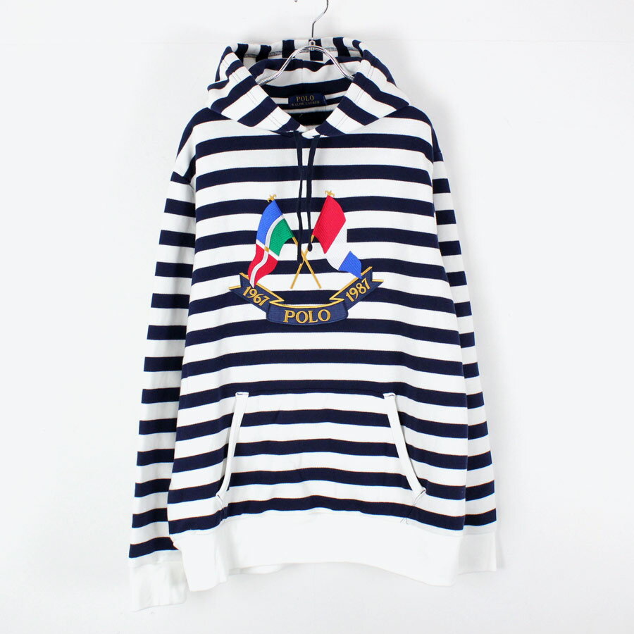      (KA) POLO RALPH LAUREN | t[) CROSS FLAG EMBROIDERY BORDER PULLOVER HOODIE NXtbO hJ vI[o[{[_[ t[fB[ WHITE NAVY [ DEAD STOCK fbgXgbN]