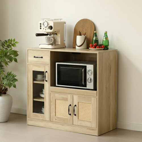 キッチンカウンター 食器棚 キッチンキャビネット レンジ台 キッチン収納 幅88cm ラタン調 引き出し付..