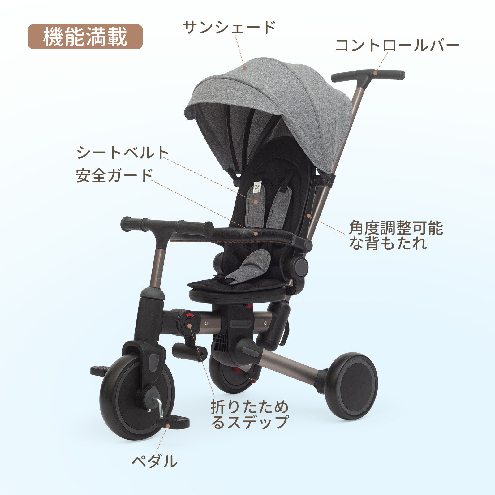 ASOWTREND 子供用三輪車 7in1 折りたたみ 手押し棒付き ステップ付き 三輪車｜ 1歳〜3歳対応 自転車 乗用玩具 キッズバイク｜ コンパクト収納 ペダルロック 安全バー 日よけカバー付き｜ おもちゃ プレゼント お祝い ギフト