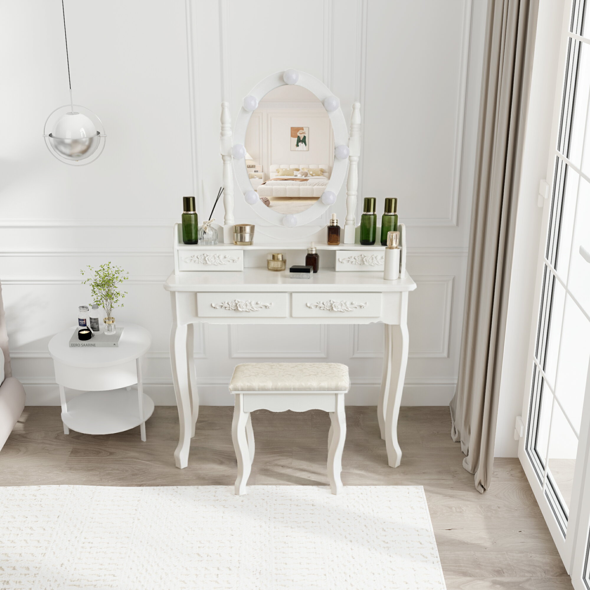 One-Mirror Dressers - 送料無料 ドレッサー 化粧台 テーブル 鏡台 ライト付き 3色LED 女優ミラー 引き出し 収納 椅子 セット メイク台 シンプル 大容量 可愛い