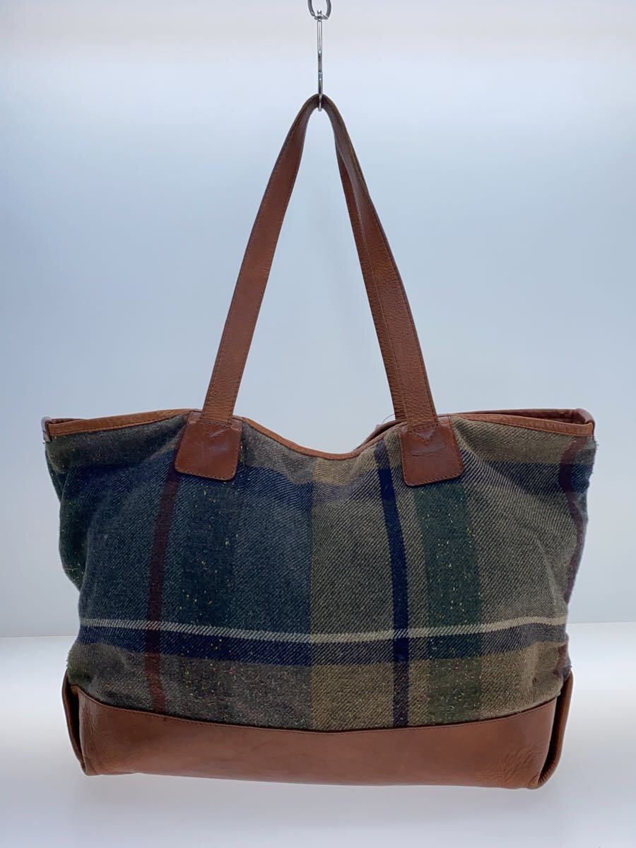 【中古】yohji yamamoto POUR HOMME◆トートバッグ/レザー/KHK/チェック/ツイード/【バッグ】