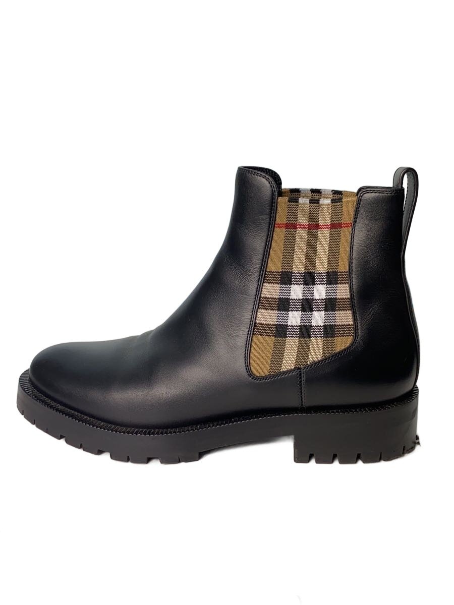 【中古】BURBERRY◆サイドゴアブーツ/39/BLK/レザー/チェックパネル/チェルシーブー...