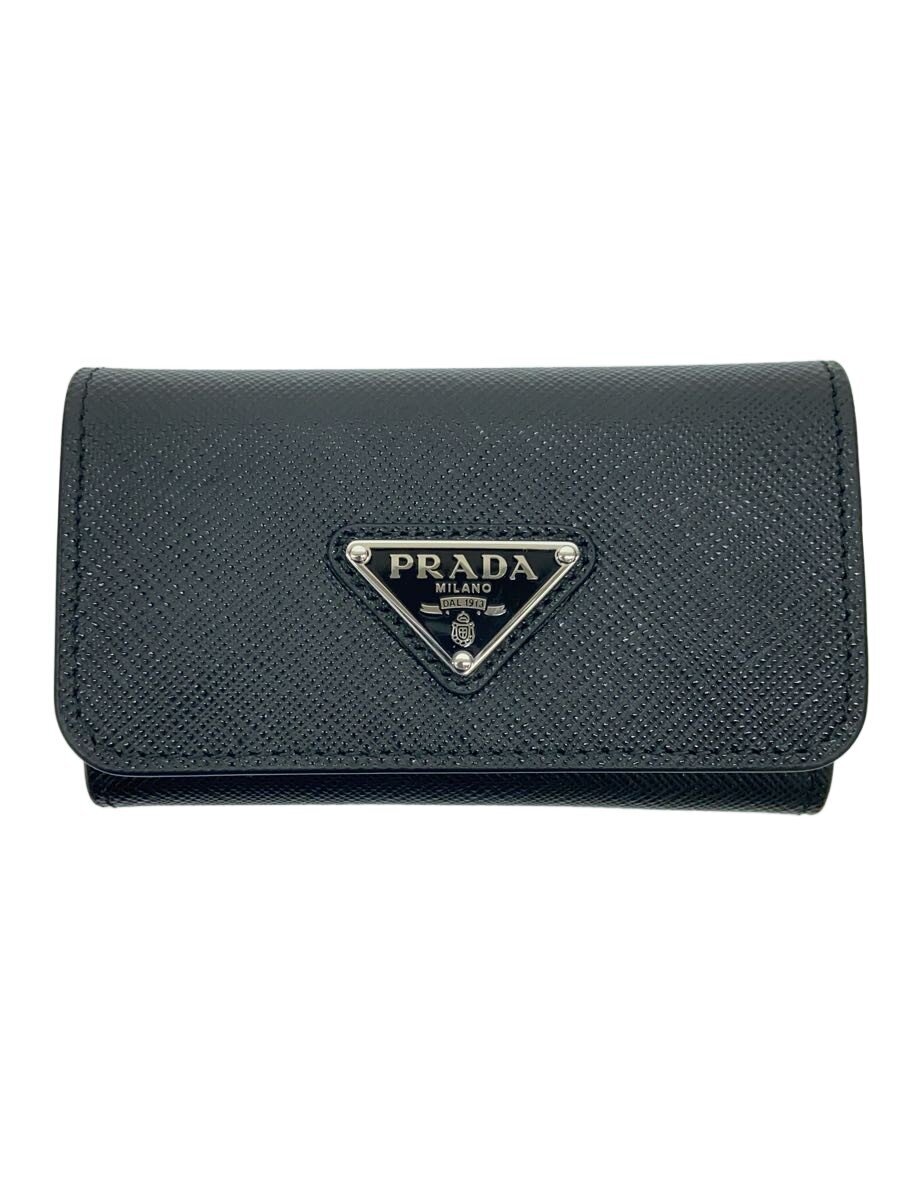 【中古】PRADA◆サフィアーノ/4連キーケース/内側幾何学模様/トライアングル/BLK/メンズ/1PG004【服飾雑貨他】