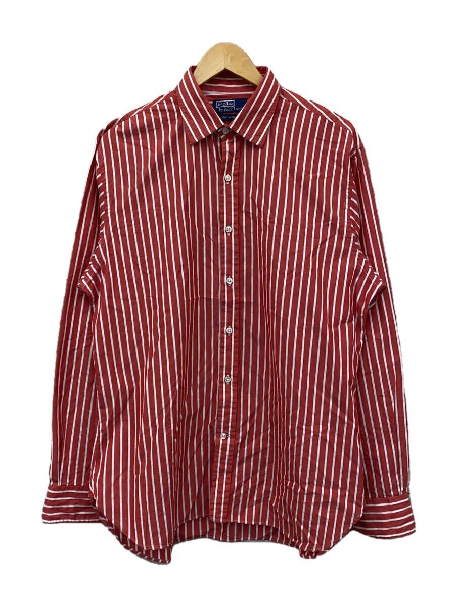 【中古】POLO RALPH LAUREN◆イタリア製/長袖シャツ/16.5/コットン/RED/ストライプ【メンズウェア】