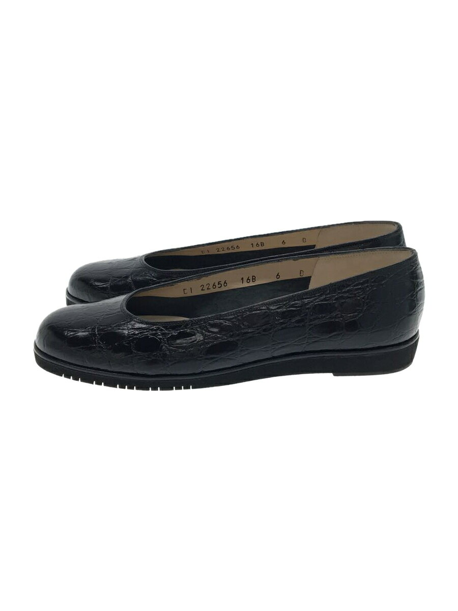 【中古】Salvatore Ferragamo◆フラットパンプス/UK6/BLK/レザー/0135196【シューズ】