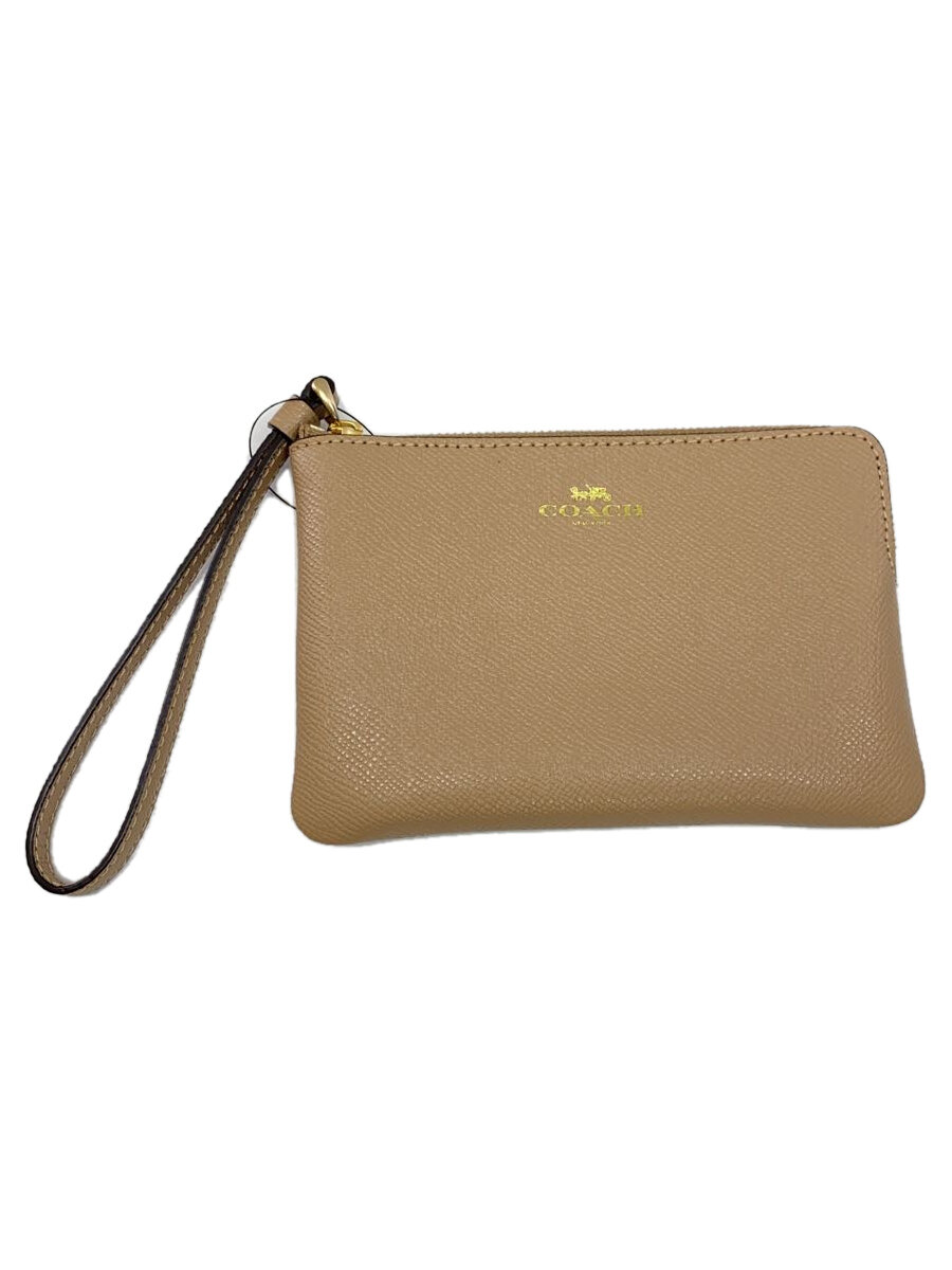 【中古】COACH◆CORNER ZIP WRISTLET/コーナージップリストレット/小物/レザー/BEG/レディース【服飾雑貨他】