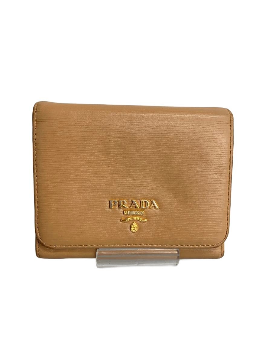 【中古】PRADA◆3ツ折サイフ/牛革/BEG/無地/レディース【服飾雑貨他】