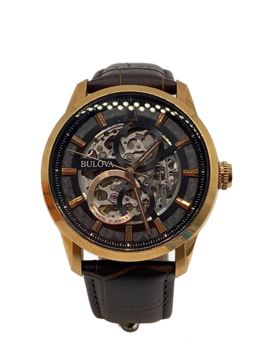 【中古】BULOVA◆自動巻腕時計/アナログ/レザー/BRW/97A169【服飾雑貨他】