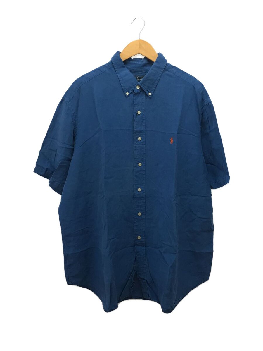 【中古】POLO RALPH LAUREN◆スモールポニー刺繍半袖ボタンダウンシャツ/XXL/シルク34％リネン66％/ブルー/使用感有【メンズウェア】