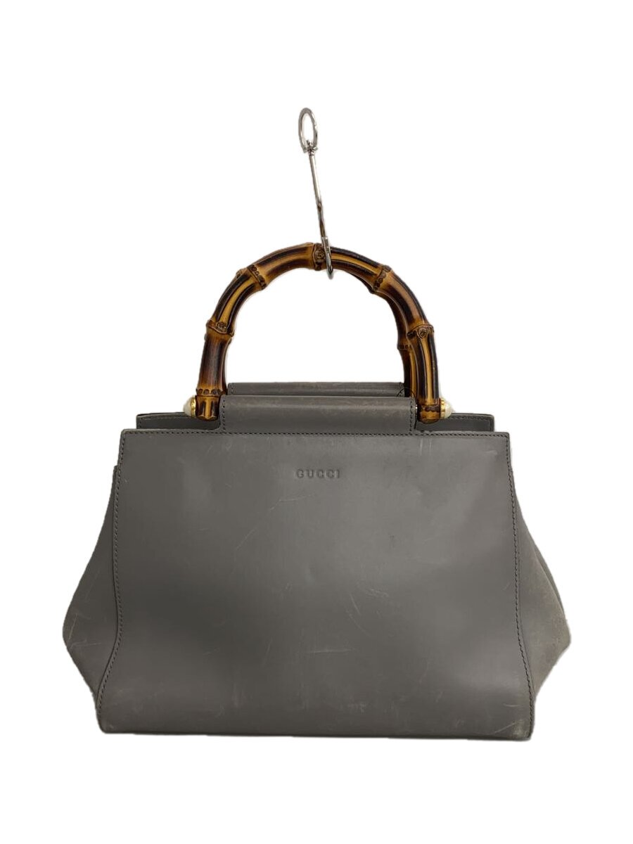 【中古】GUCCI◆バンブーハンドル/パール/ハンドバッグ/レザー/GRY/革【バッグ】