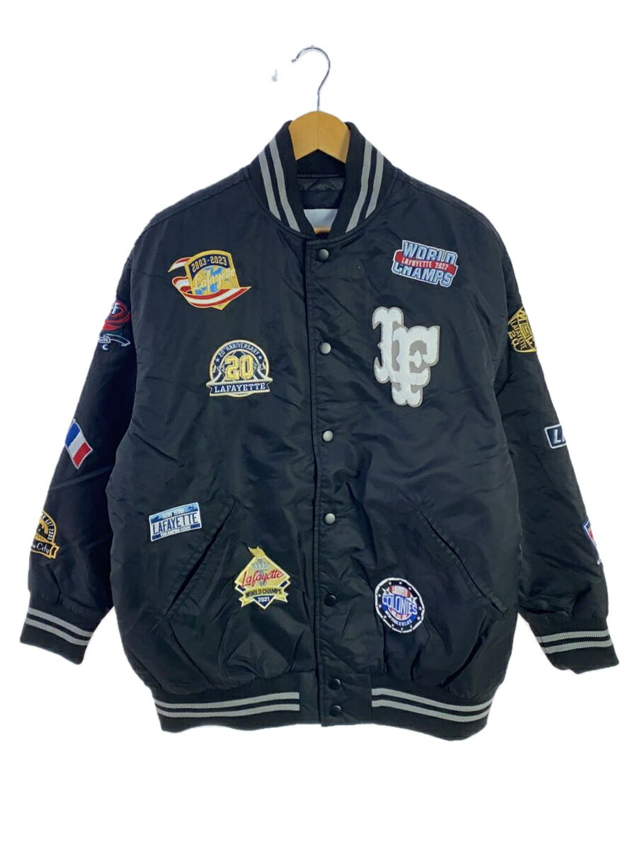 【中古】Lafayette◆ALL OVER EMBLEM SATIN VARSITY JACKET/ワッペン/スタジャン/L/ナイロン/ブラ【メンズウェア】