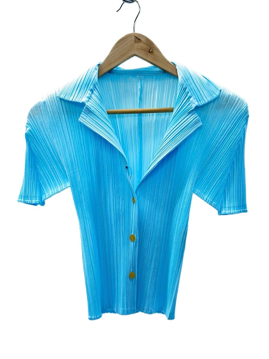【中古】PLEATS PLEASE ISSEY MIYAKE◆半袖シャツ/3/ポリエステル/BLU/無地/PP01-JJ402【レディースウェア】