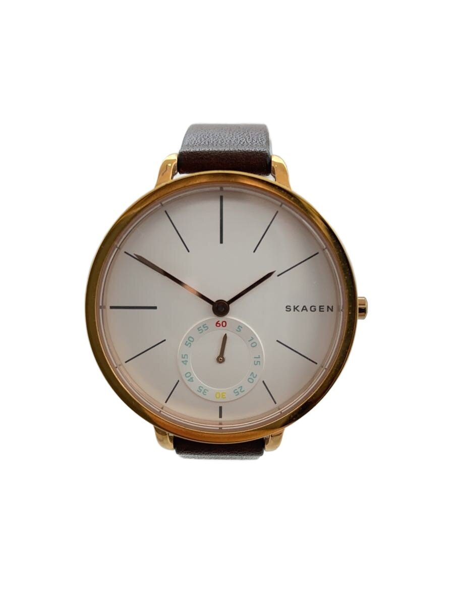 【中古】SKAGEN◆クォーツ腕時計/アナログ/レザー/WHT/BRW/SS/SKW2356【服飾雑貨他】
