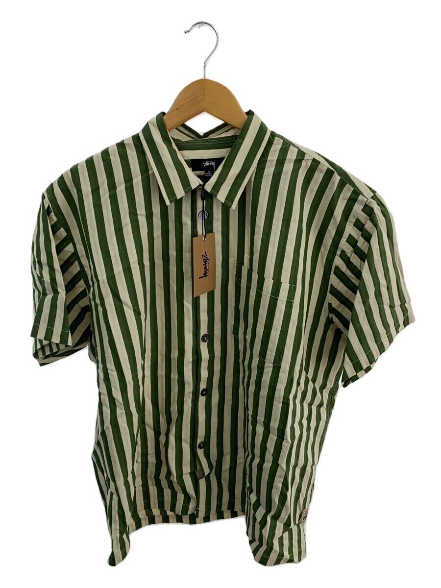 【中古】STUSSY◆24SS/BOXY FLAT HEM SHIRT STRIPED/半袖シャツ/M/レーヨン/GRN/ストライプ///【メンズウェア】