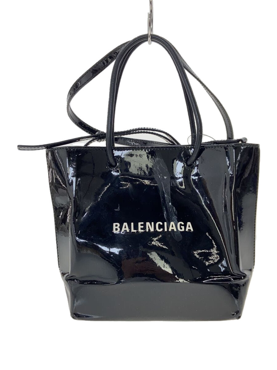 【中古】BALENCIAGA◆パテントレザー ショッピングトート XXS/エナメル/BLK/無地/572411【バッグ】