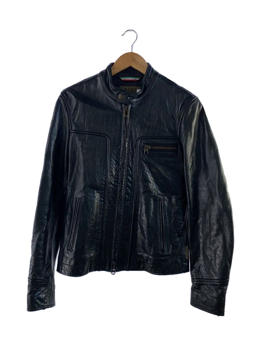 【中古】ARMANI JEANS◆シングルライダースジャケット/44/牛革/BLK/黒/ブラック/アルマーニ/カウハイド【メンズウェア】