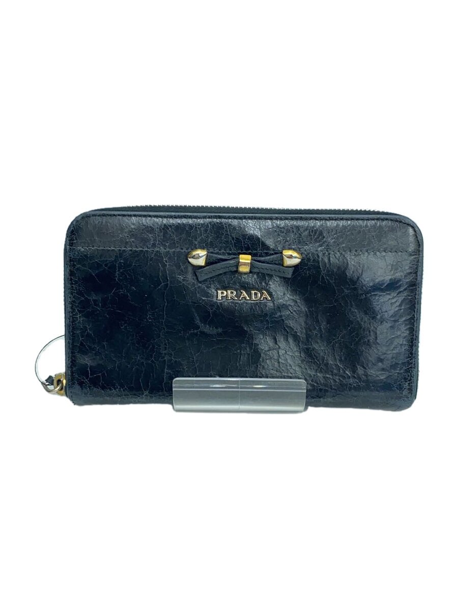 【中古】PRADA◆ポルタフォリオポルタモン/リボン/ラウンドジップ/長財布/レザー/BLK/レディース【服飾雑貨他】