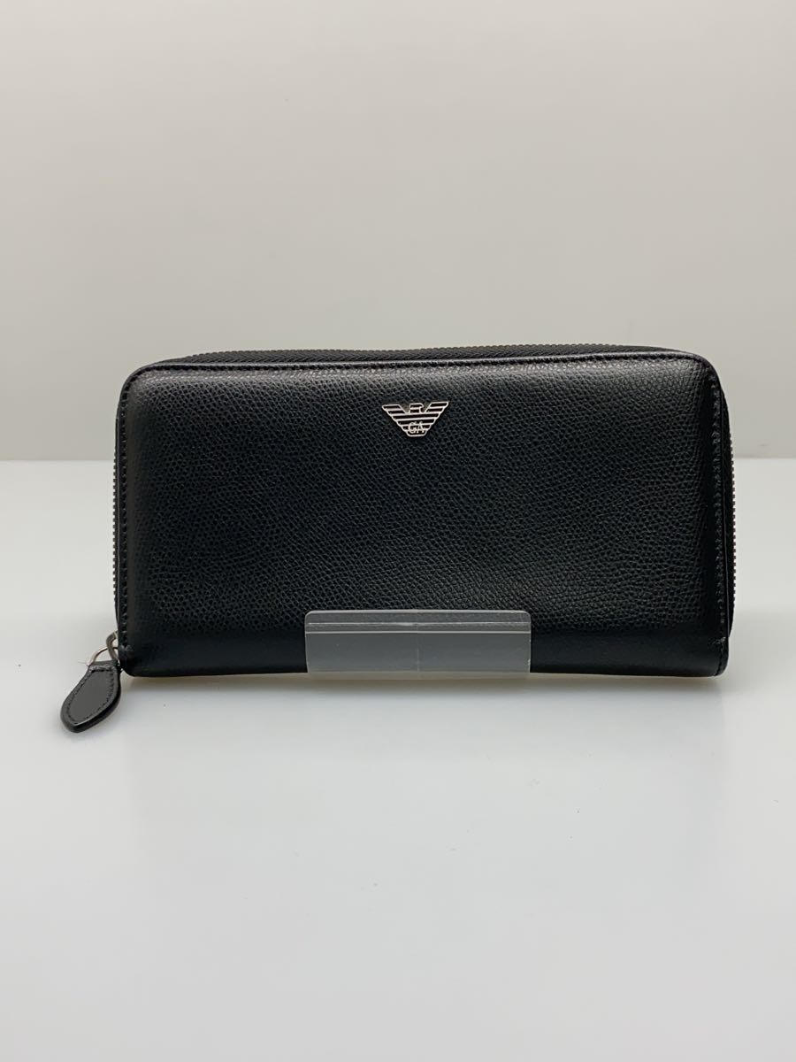 【中古】EMPORIO ARMANI◆長財布/レザー/BLK/無地/メン