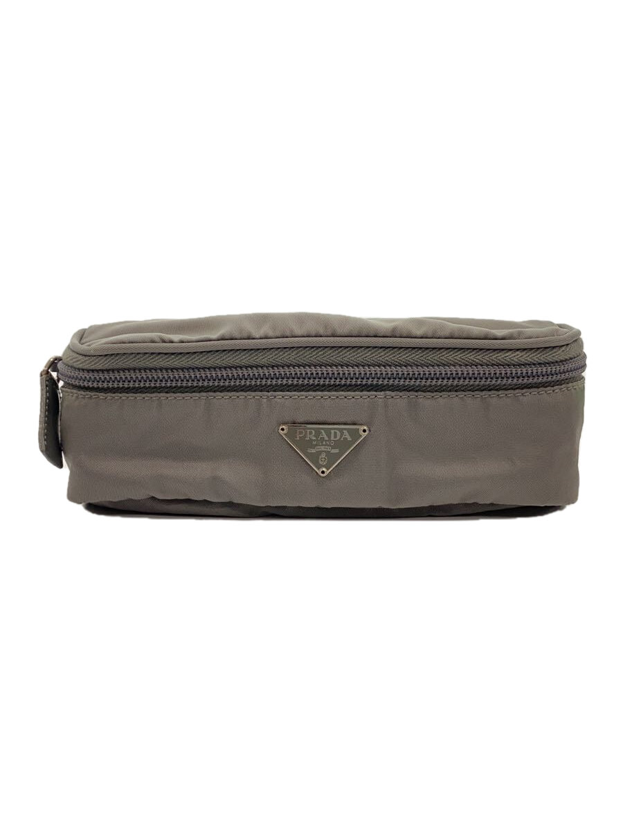 【中古】PRADA◆ポーチ/ナイロン/GRY/三角ロゴプレート【バッグ】