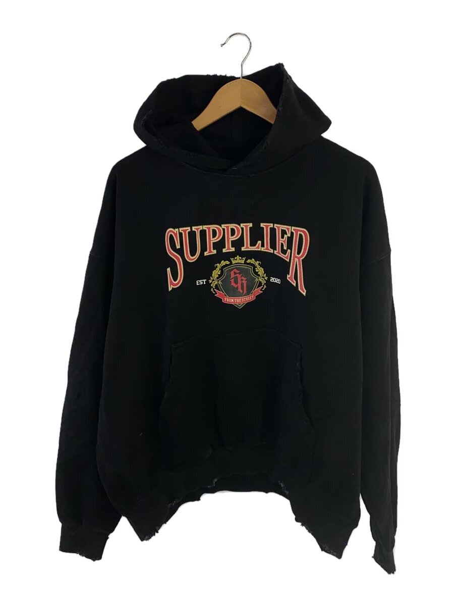 【中古】SUPPLIER◆パーカー/S/コットン/BLK/プリント/ダメージ加工【メンズウェア】