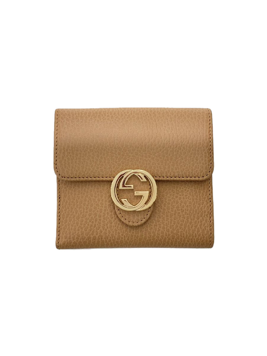 【中古】GUCCI◆2つ折り財布_インターロッキングG/レザー/BEG/レディース【服飾雑貨他】