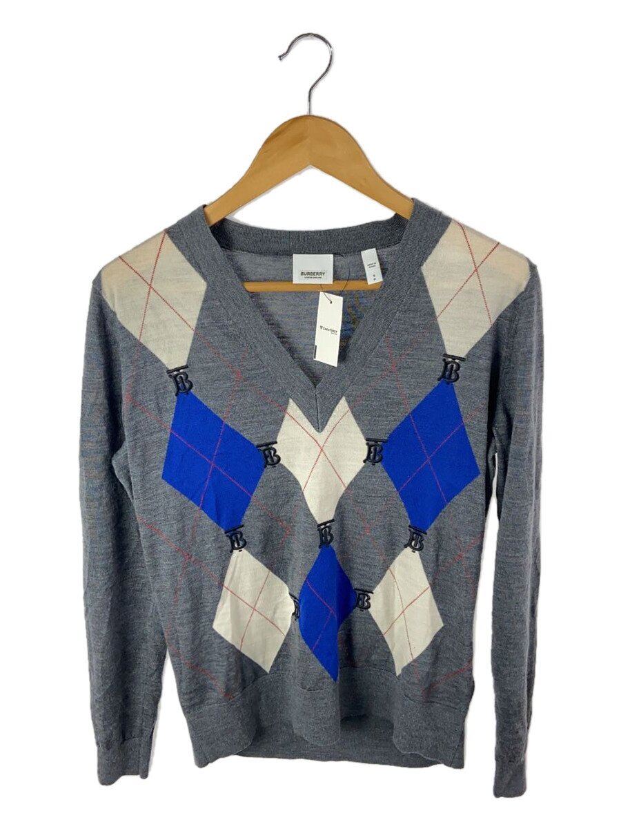 【中古】BURBERRY LONDON◆アーガイルVネック/ニット・セーター(薄手)/S/ウール/GRY/総柄【メンズウェア】