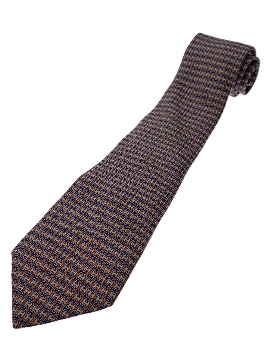 【中古】HERMES◆5335TA PRINTED SILK TIE/ブルー/オレンジ//【服飾雑貨他】