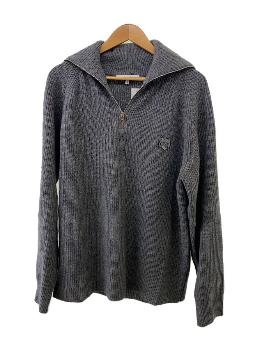 【中古】MAISON KITSUNE◆ボールドフォックスヘッドパッチハーフジップリブドジャン/L/ウール/グレ/LM00807KT1093【メンズウェア】