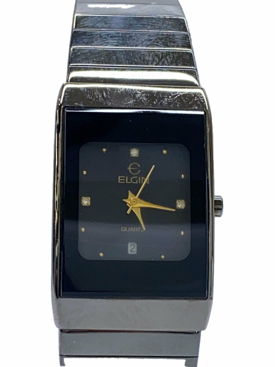 【中古】ELGIN◆クォーツ腕時計/アナログ/BLK/SLV【服飾雑貨他】