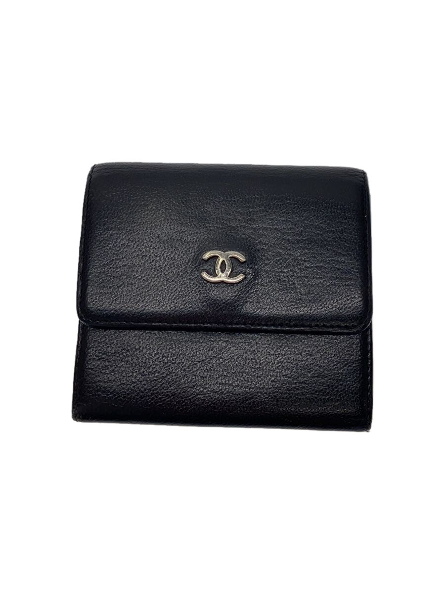 【中古】CHANEL◆2つ折り財布/レザー/BLK/レディース【服飾雑貨他】