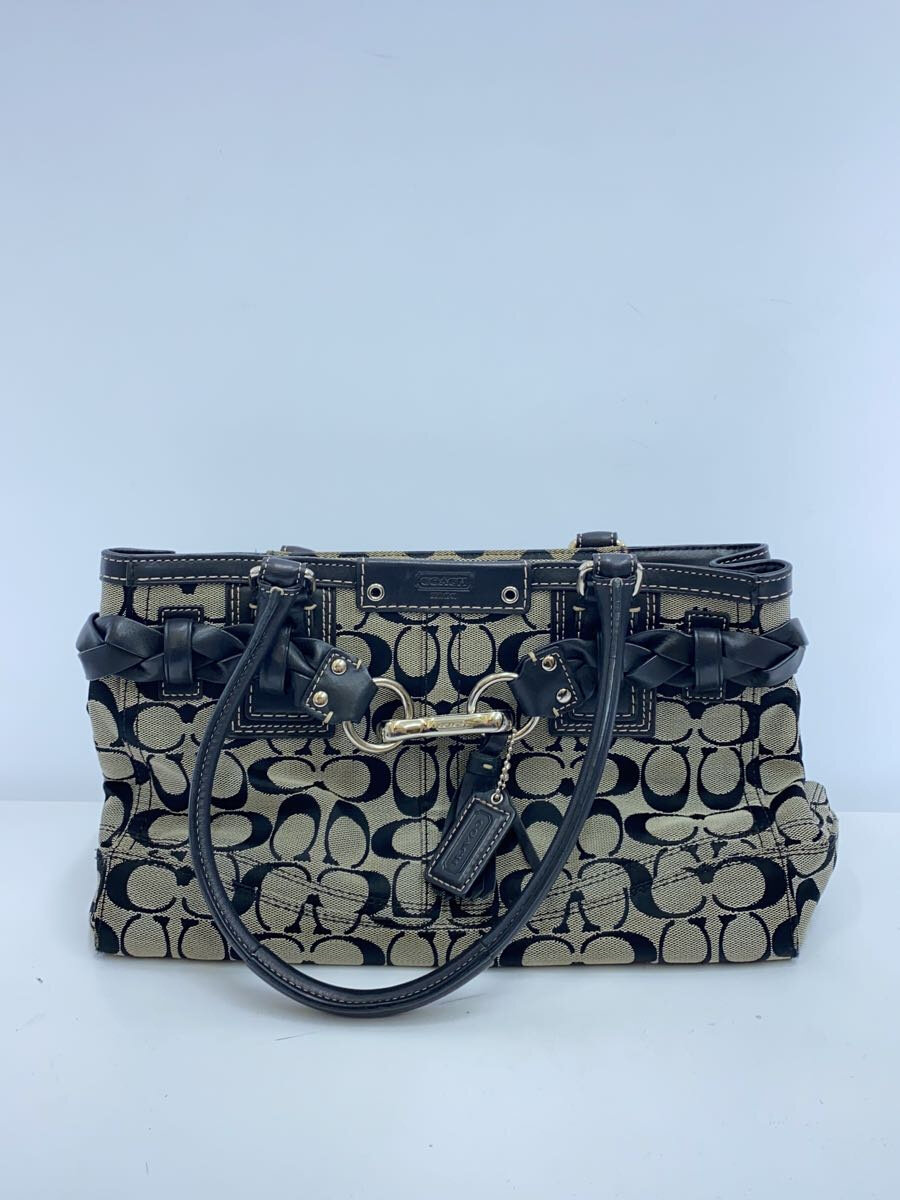 【中古】COACH◆ハンプトンズ・ラージキャリーオール_シグネチャー_ブラック/--/BLK【バッグ】