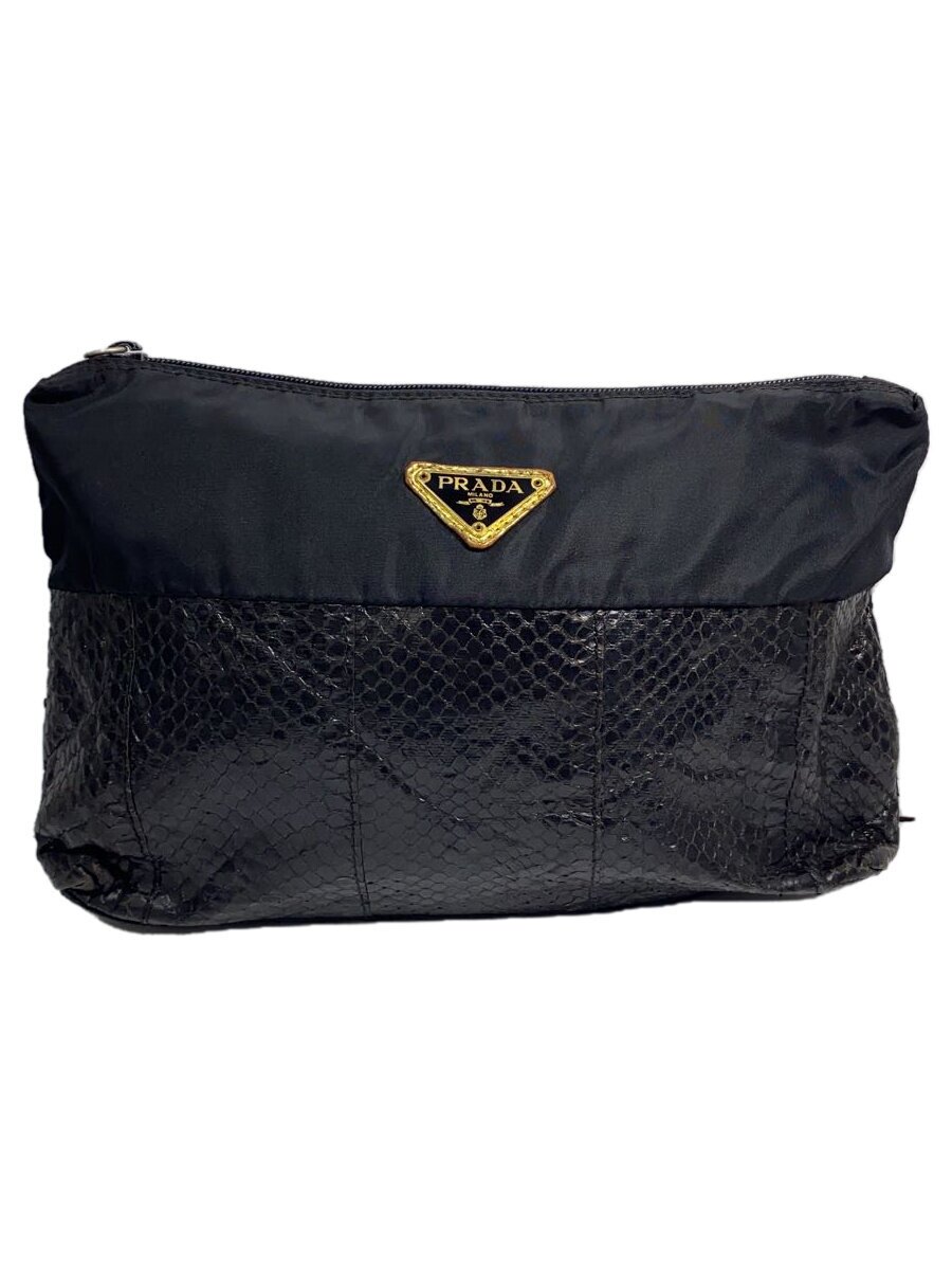【中古】PRADA◆プラダ/ポーチ/ナイロン×パイソン/BLK/無地/ジップ破損【バッグ】