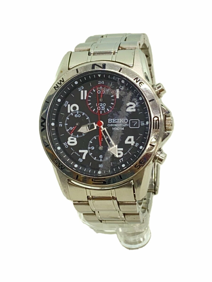 【中古】SEIKO◆クォーツ腕時計/アナログ/ステンレス/BLK/SLV/7t92-0dx0【服飾雑貨他】