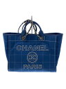 【中古】CHANEL◆トートバッグ_ドーヴィルライン_ストロー_ロゴ_BLK/コットン/NVY【バッグ】