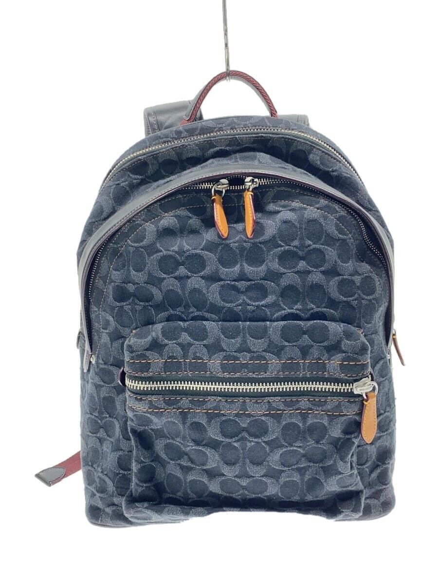 【中古】COACH◆チャーター バックパック・シグネチャー/デニム/ブラック【バッグ】