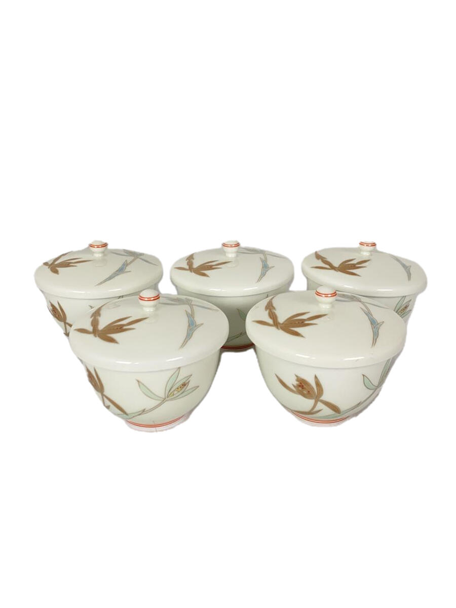 【中古】深川製磁/湯呑/5点セット/ホワイト/花蘭/蓋付/有田焼【キッチン用品】