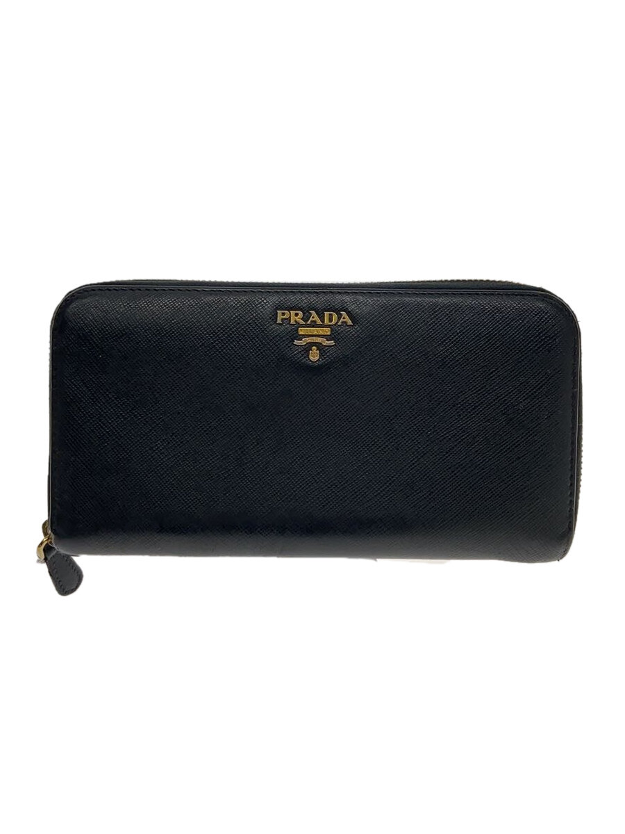 【中古】PRADA◆長財布/--/BLK/無地/メンズ/ラウンドジップ/擦れ有/ウォレット//【服飾雑貨他】