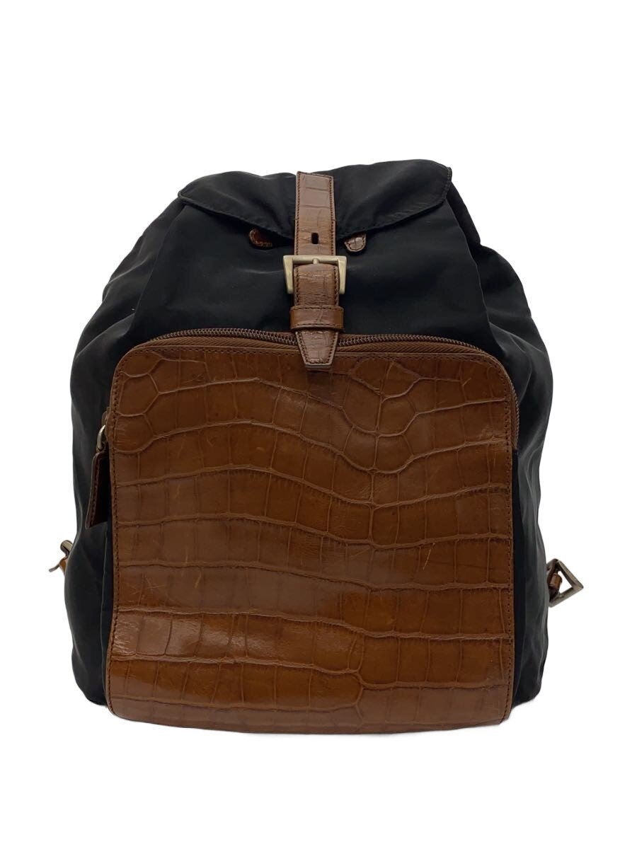 PRADA - 【中古】PRADA◆クロコ型押し/三角プレート/リュック/ナイロン/BLK/サビ有【バッグ】